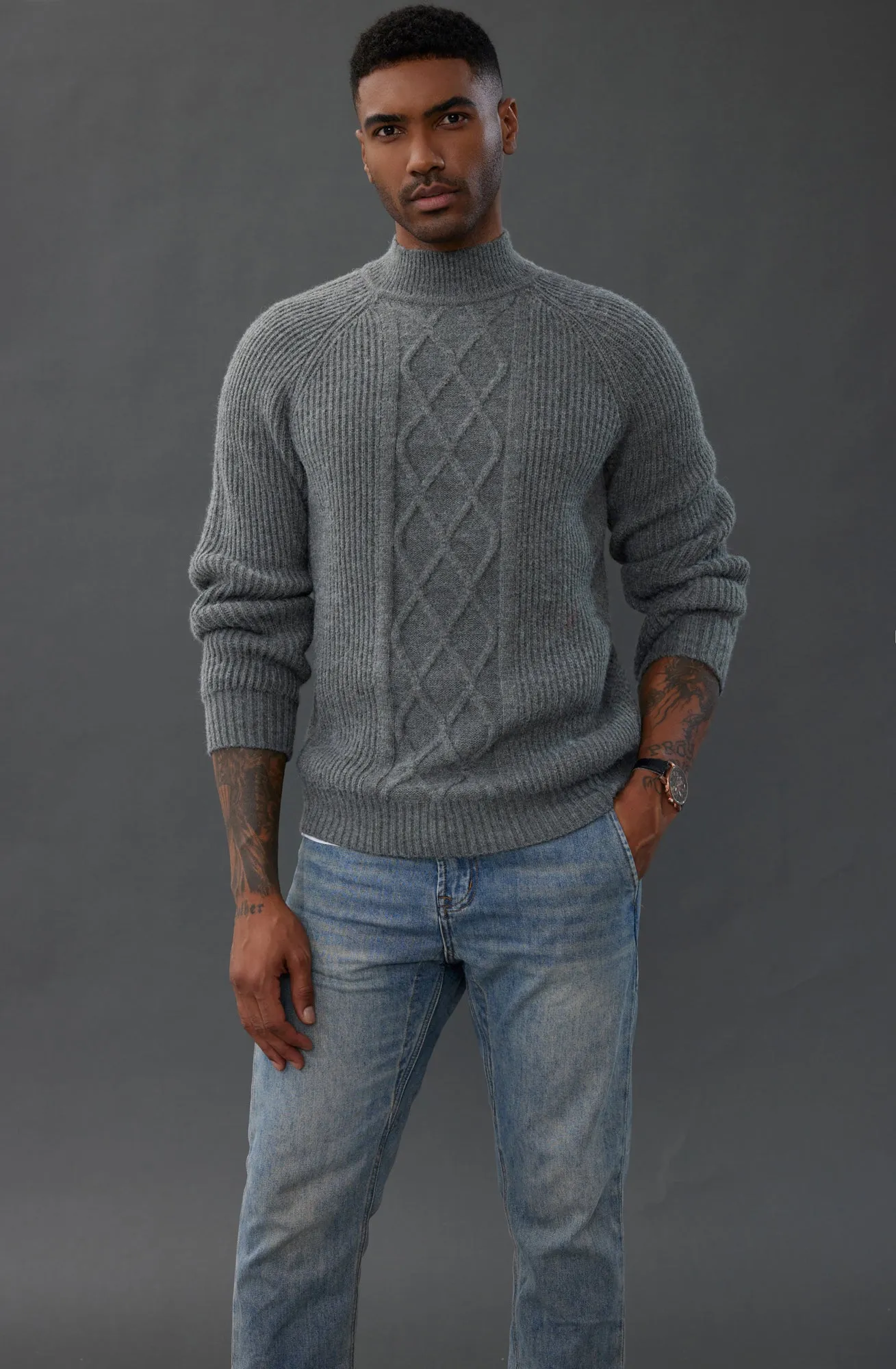 Men's Mock Neck Sweater Casual Cable Twisted Knitted Pullover Sweater