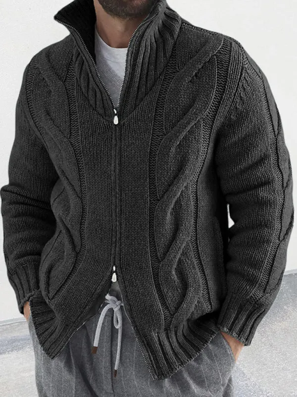 Men's turtleneck cable zipper sweater cardigan