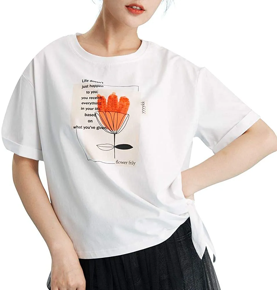 minkekeji Women Tie Front Knot T-Shirt Loose Fitting Short Sleeve T Shirts