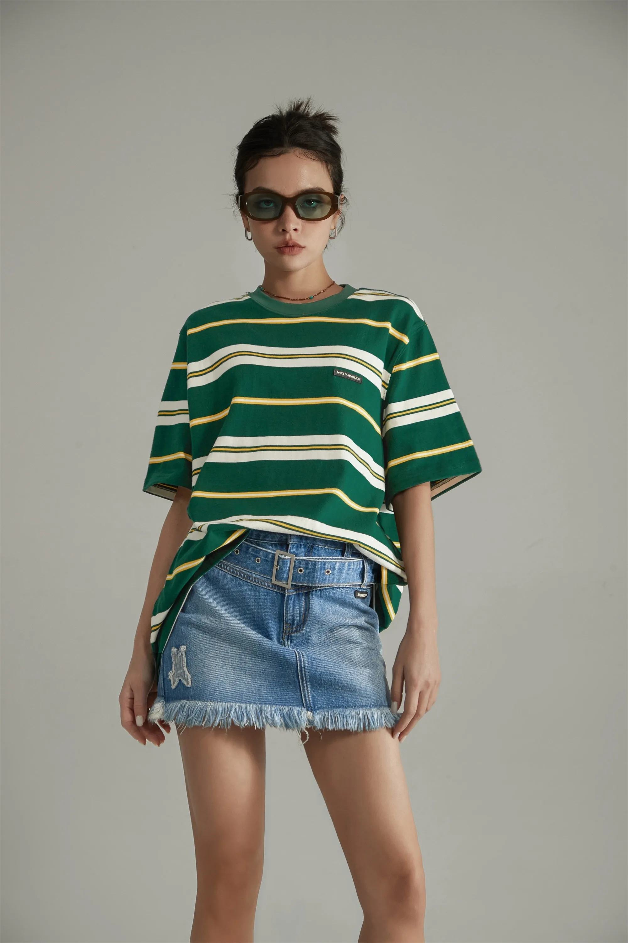 Multi-Color Striped Loose-Fit Short Sleeve T-Shirt