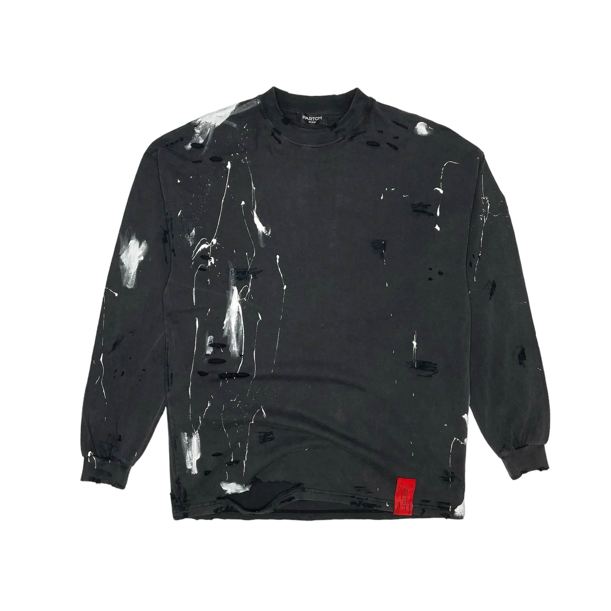 PARTCH Distressed Paint Splatters Oversized T-Shirt L/S Vintage Black