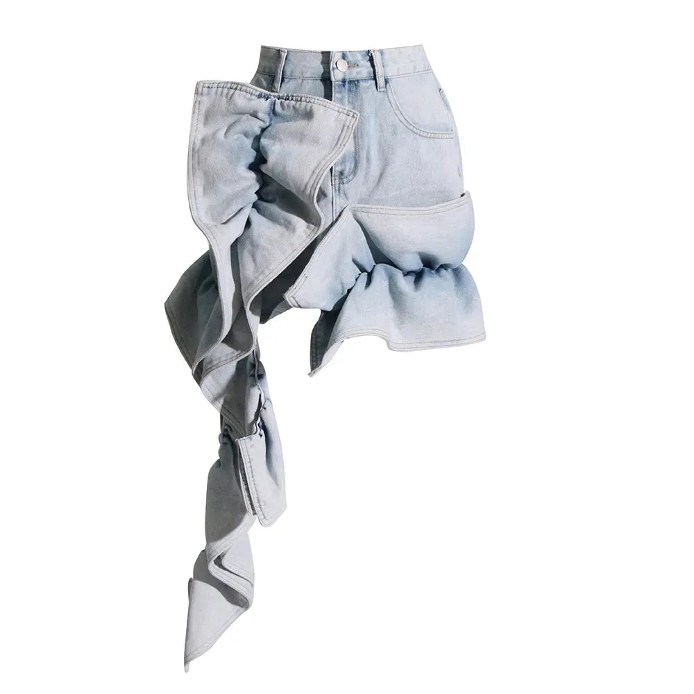 Patchwork Ruffles Asymmetrical Denim Skirts For Women High Waist Spliced Pockets Streetwear Slimming Bodycon Skirt Female