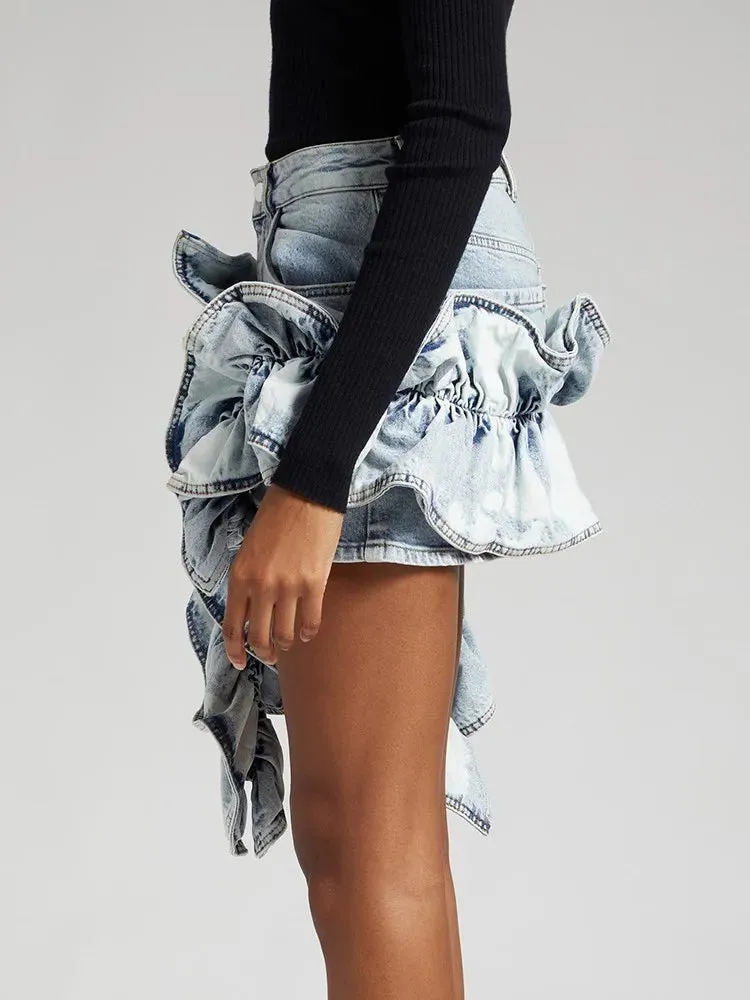 Patchwork Ruffles Asymmetrical Denim Skirts For Women High Waist Spliced Pockets Streetwear Slimming Bodycon Skirt Female