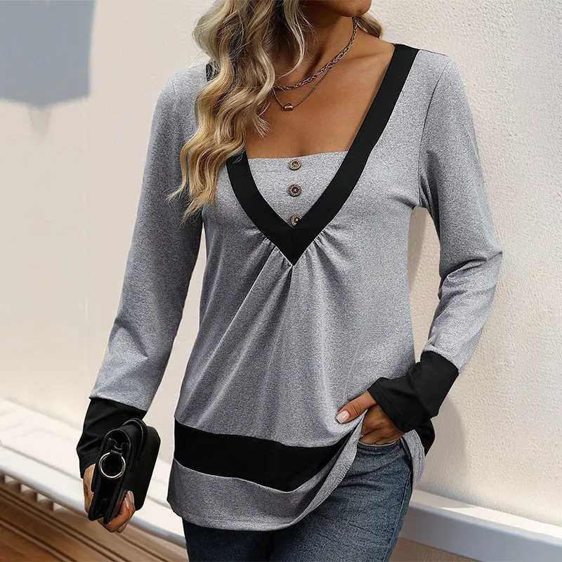 PEOPLETERRITORY   trade  simple solid color long-sleeved T-shirt color matching contrasting color casual home T-shirt top women