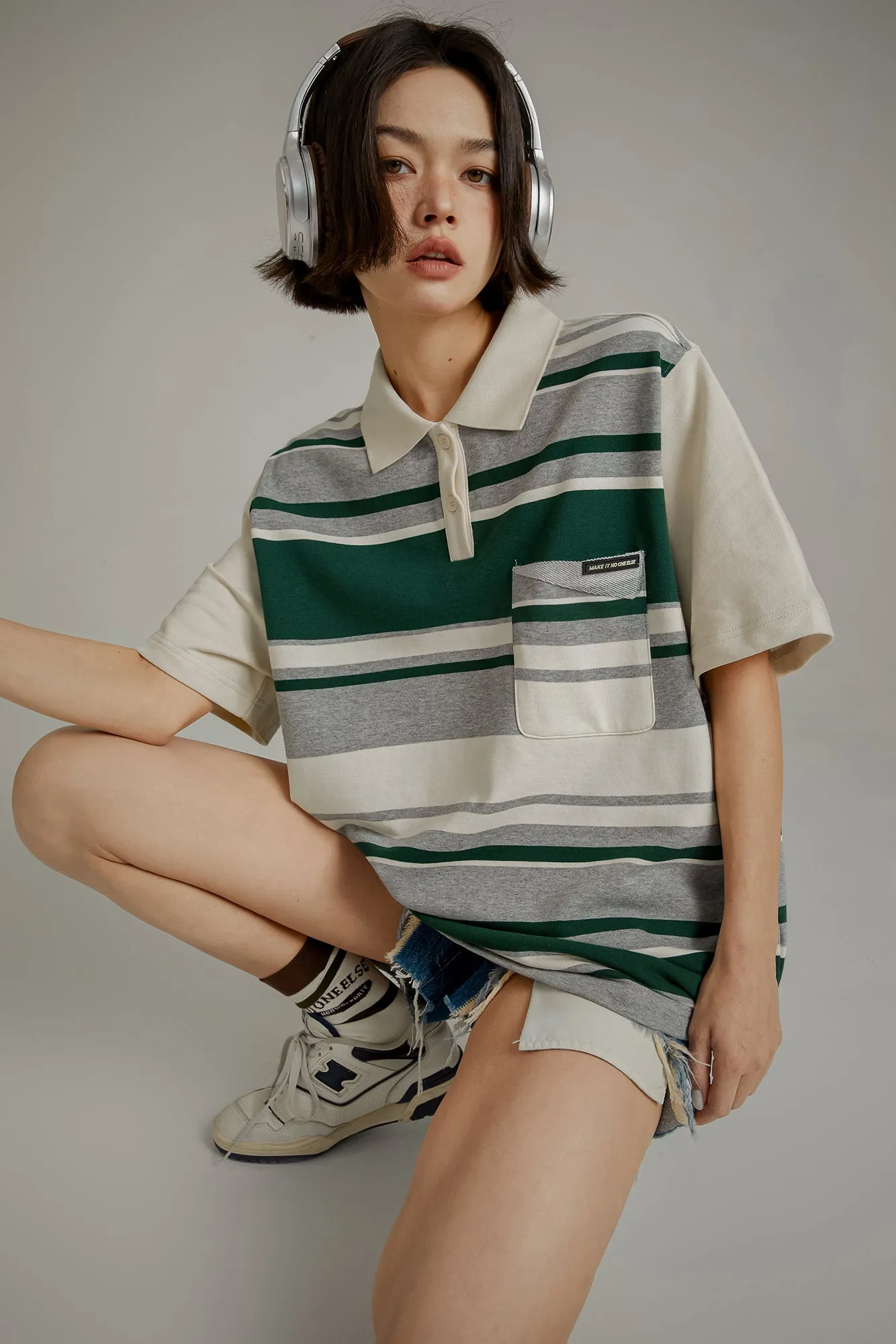 Polo Neck Striped Loose Fit T-Shirt