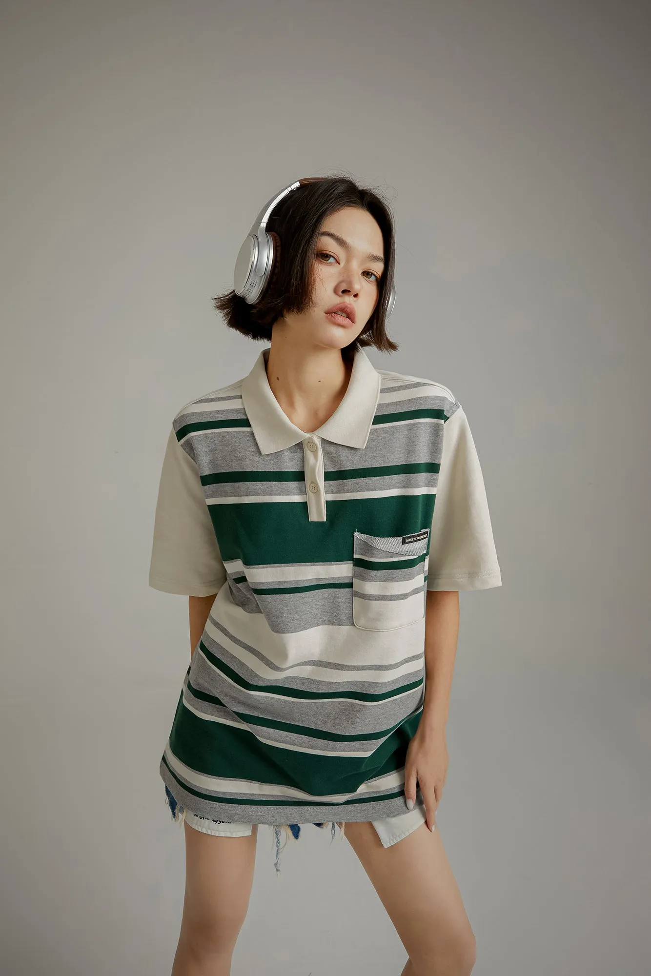 Polo Neck Striped Loose Fit T-Shirt