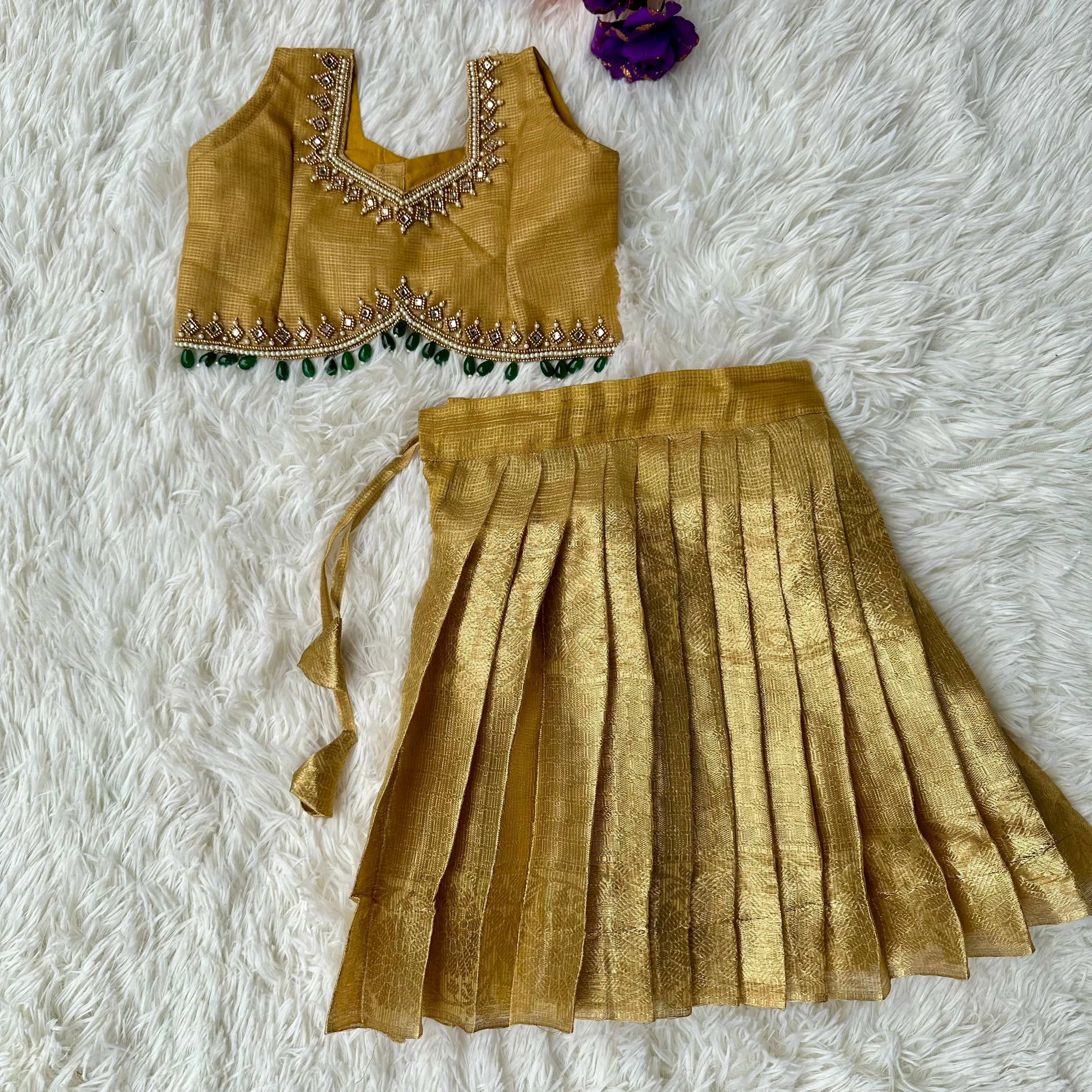 PRE ORDER : Golden Glow: Tissue Crop Top and Skirt Set with Aari Work