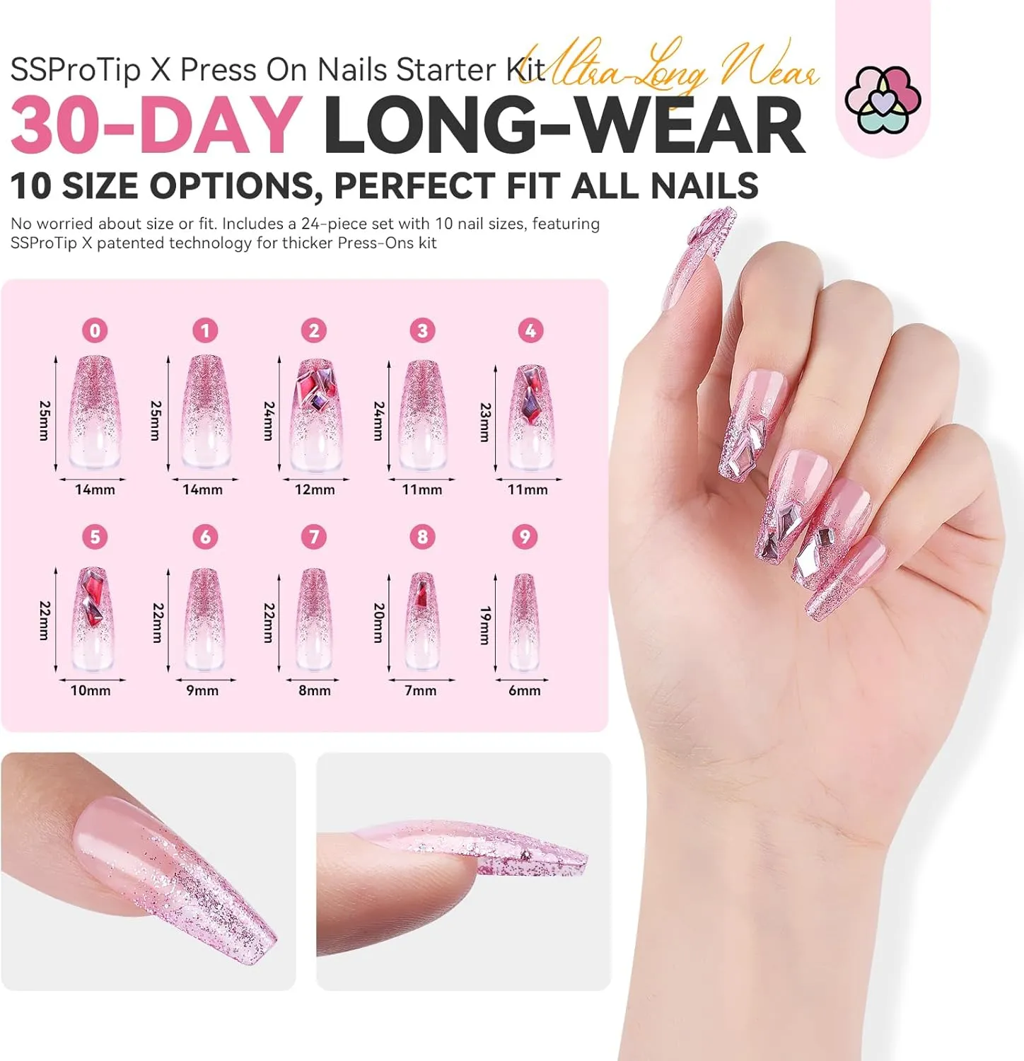 Press On Nails Medium - Supremely 15 Fit & Natural Soft Gel French Tip Nails, Almond Glue with Nail Glue, Reusable Stick in 15 Sizes 33 Fake Kit, White Swirl