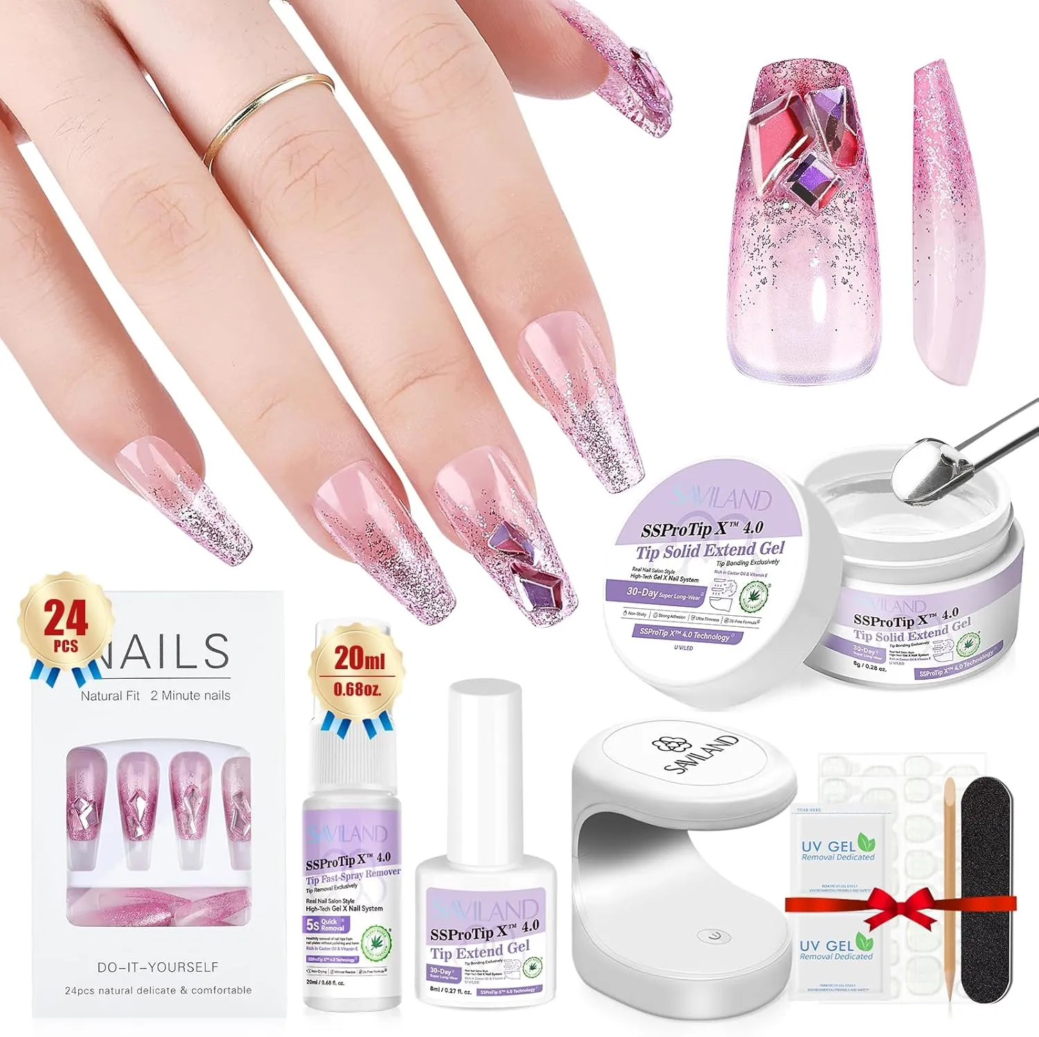 Press On Nails Medium - Supremely 15 Fit & Natural Soft Gel French Tip Nails, Almond Glue with Nail Glue, Reusable Stick in 15 Sizes 33 Fake Kit, White Swirl