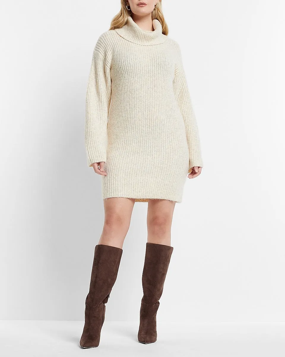 Ribbed Turtleneck Long Sleeve Mini Sweater Dress in Light Oatmeal Heather