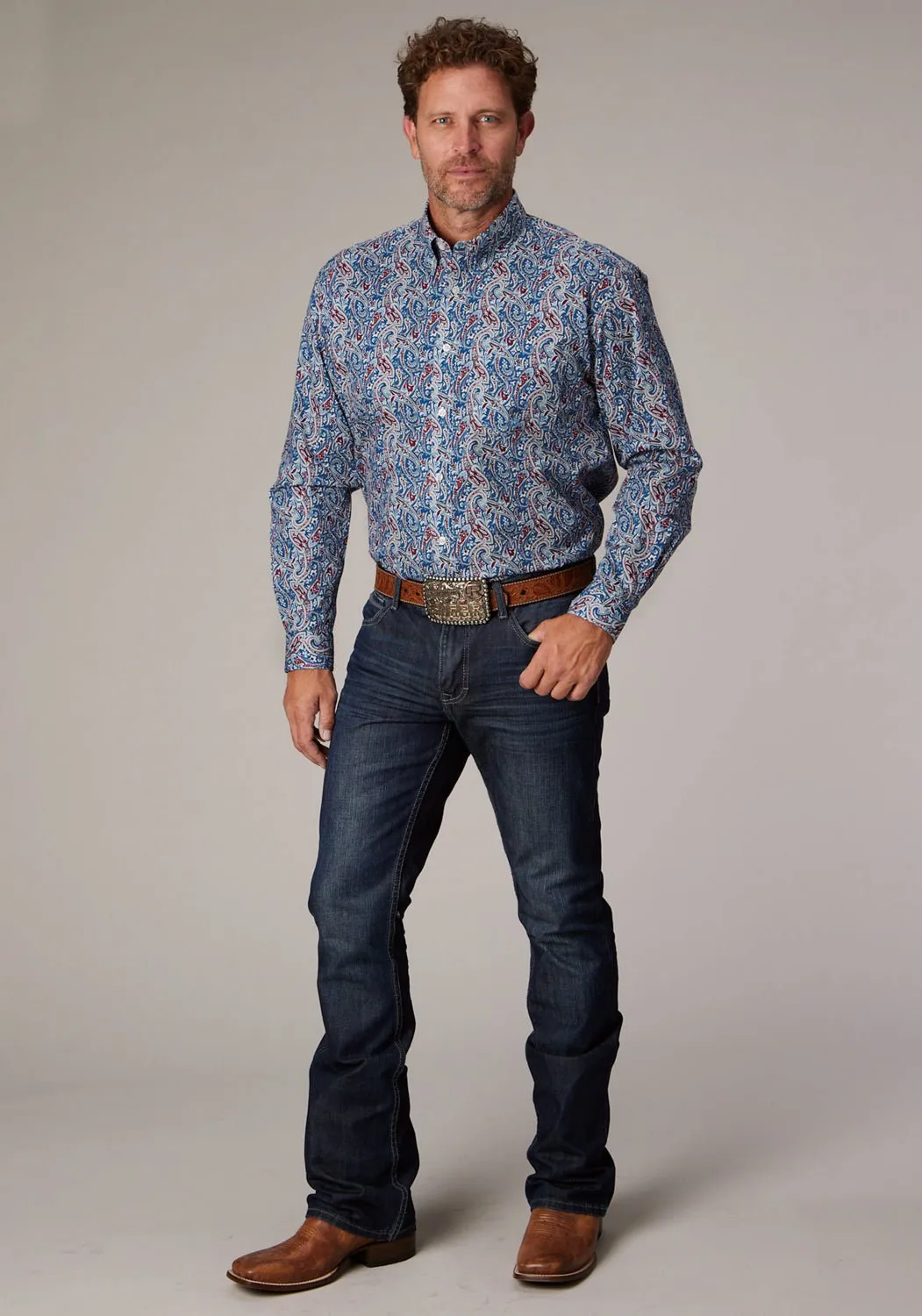 Roper Mens 2024 River Paisley Blue 100% Cotton 1 Pkt L/S Shirt