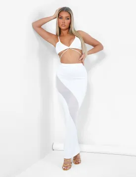 Sheer Panelled Mesh Knitted Maxi Skirt Ivory