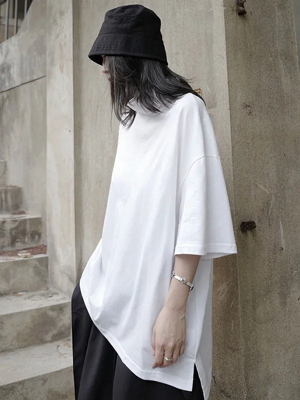 Solid Color High-Neck Asymmetric T-Shirt