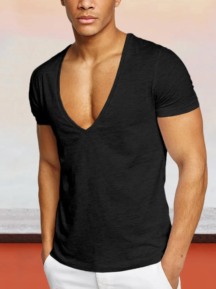 Solid Color V-neck Cotton T-shirt