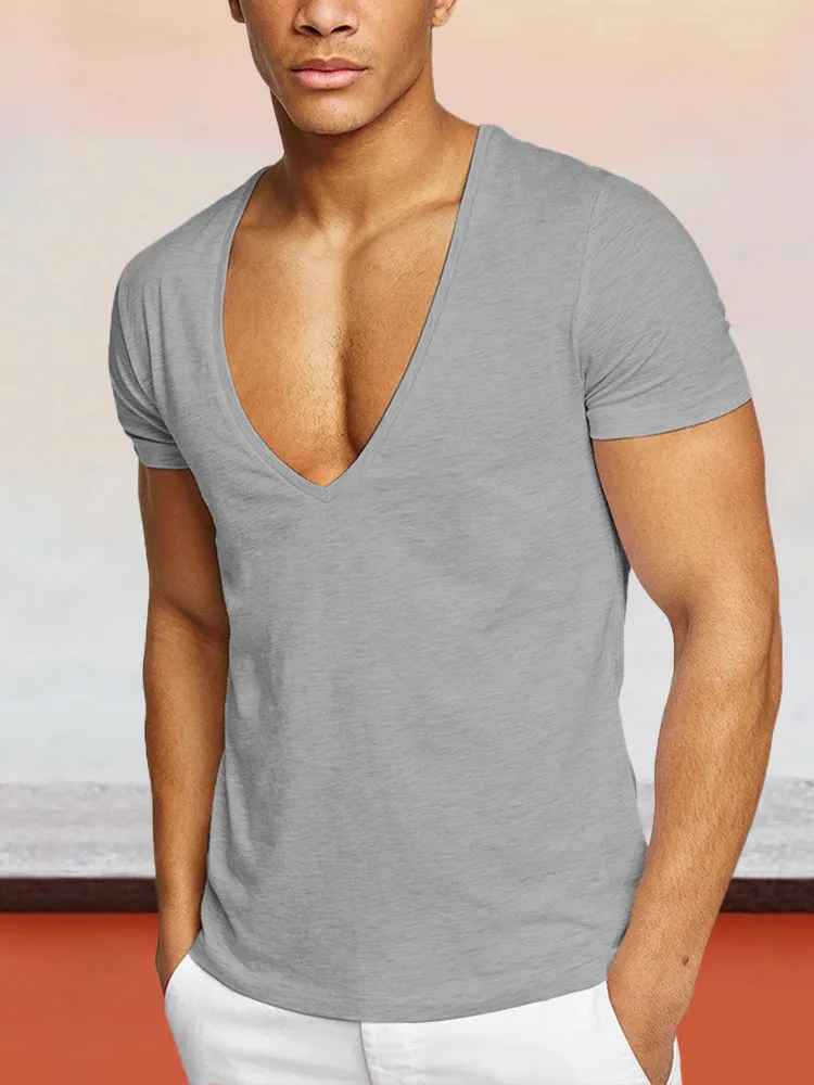 Solid Color V-neck Cotton T-shirt