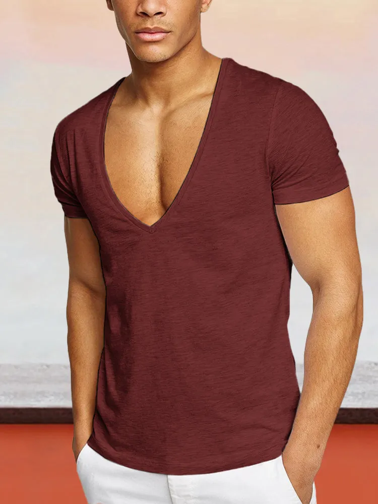 Solid Color V-neck Cotton T-shirt