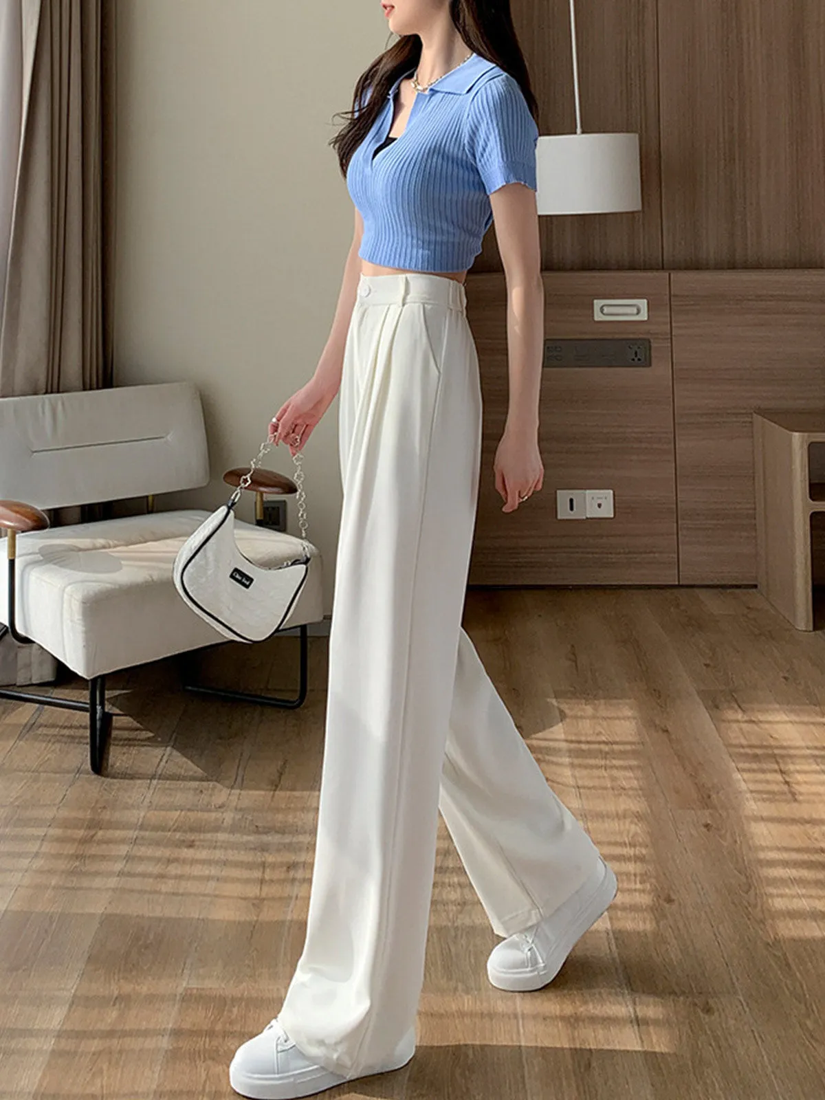 Solid Straight Wide-Leg Pants