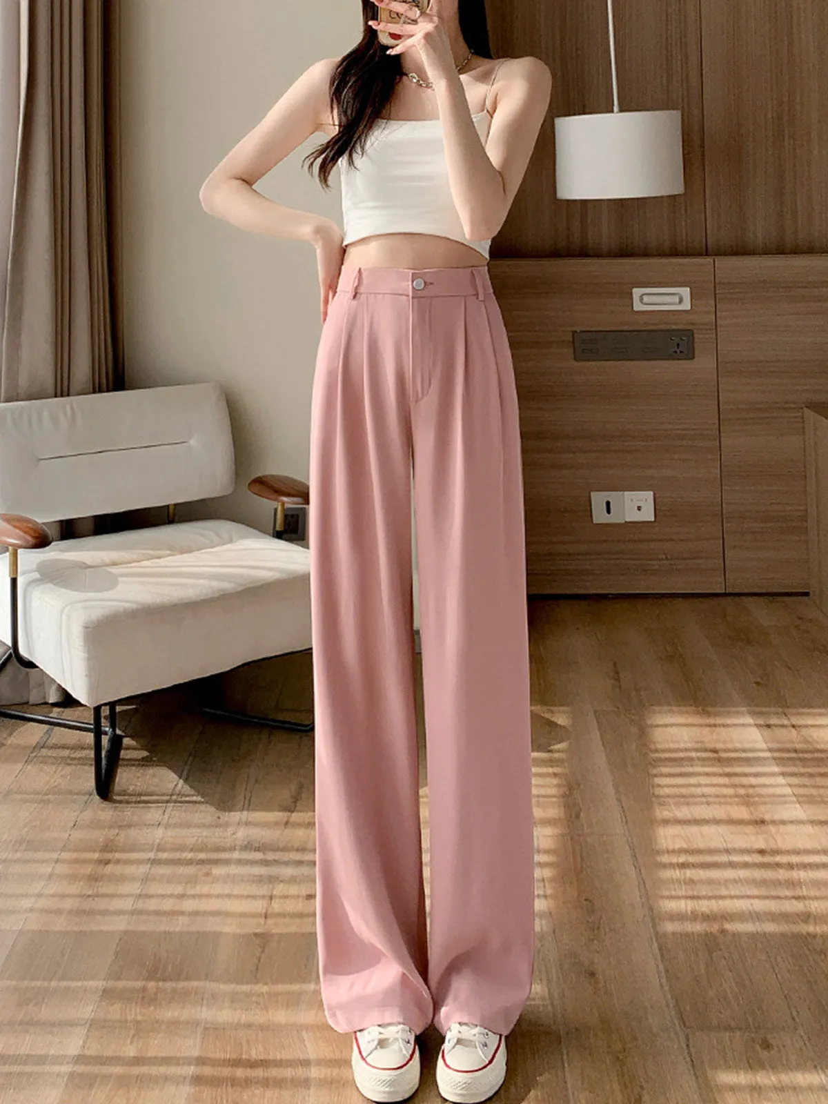 Solid Straight Wide-Leg Pants