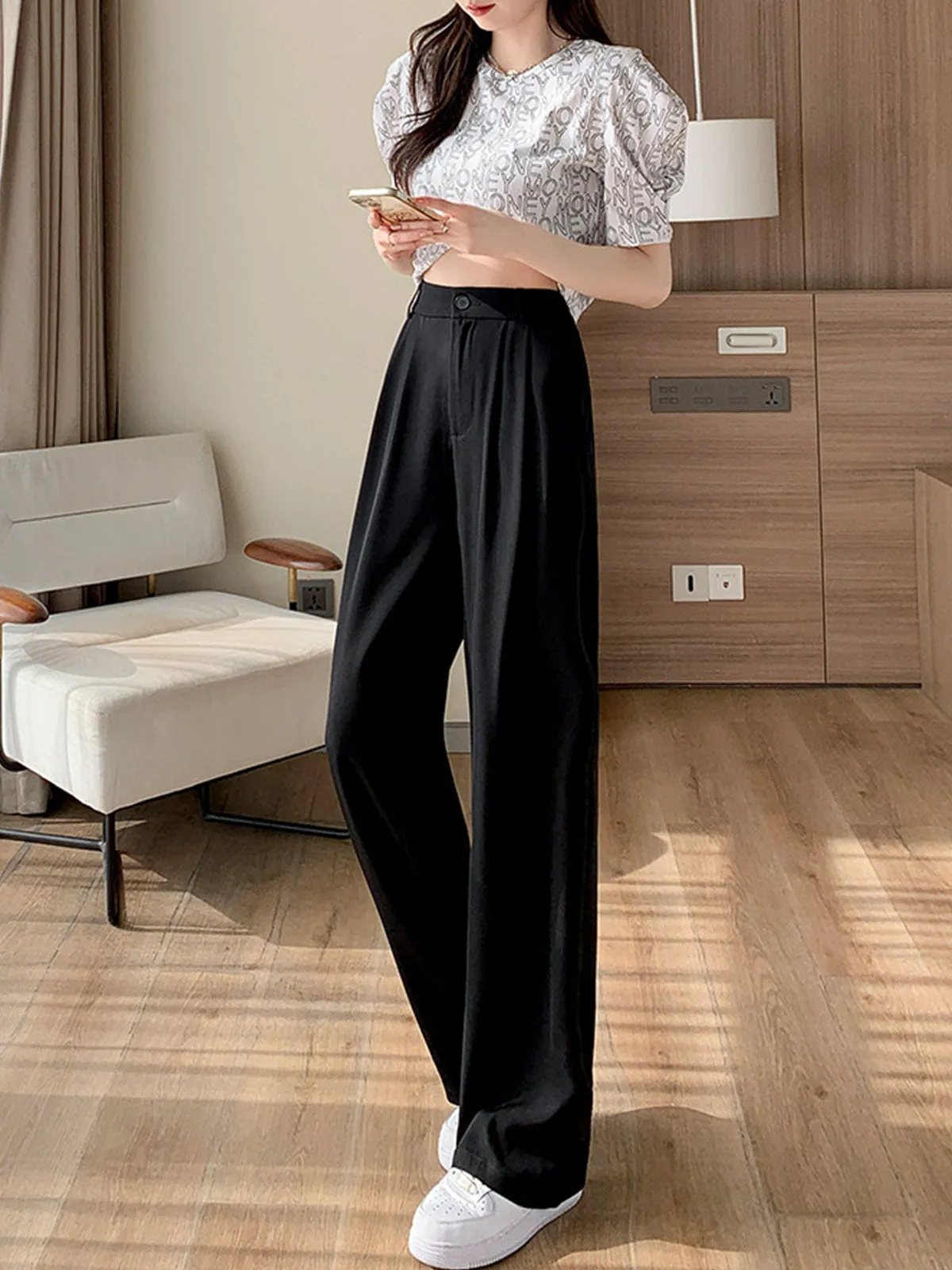 Solid Straight Wide-Leg Pants