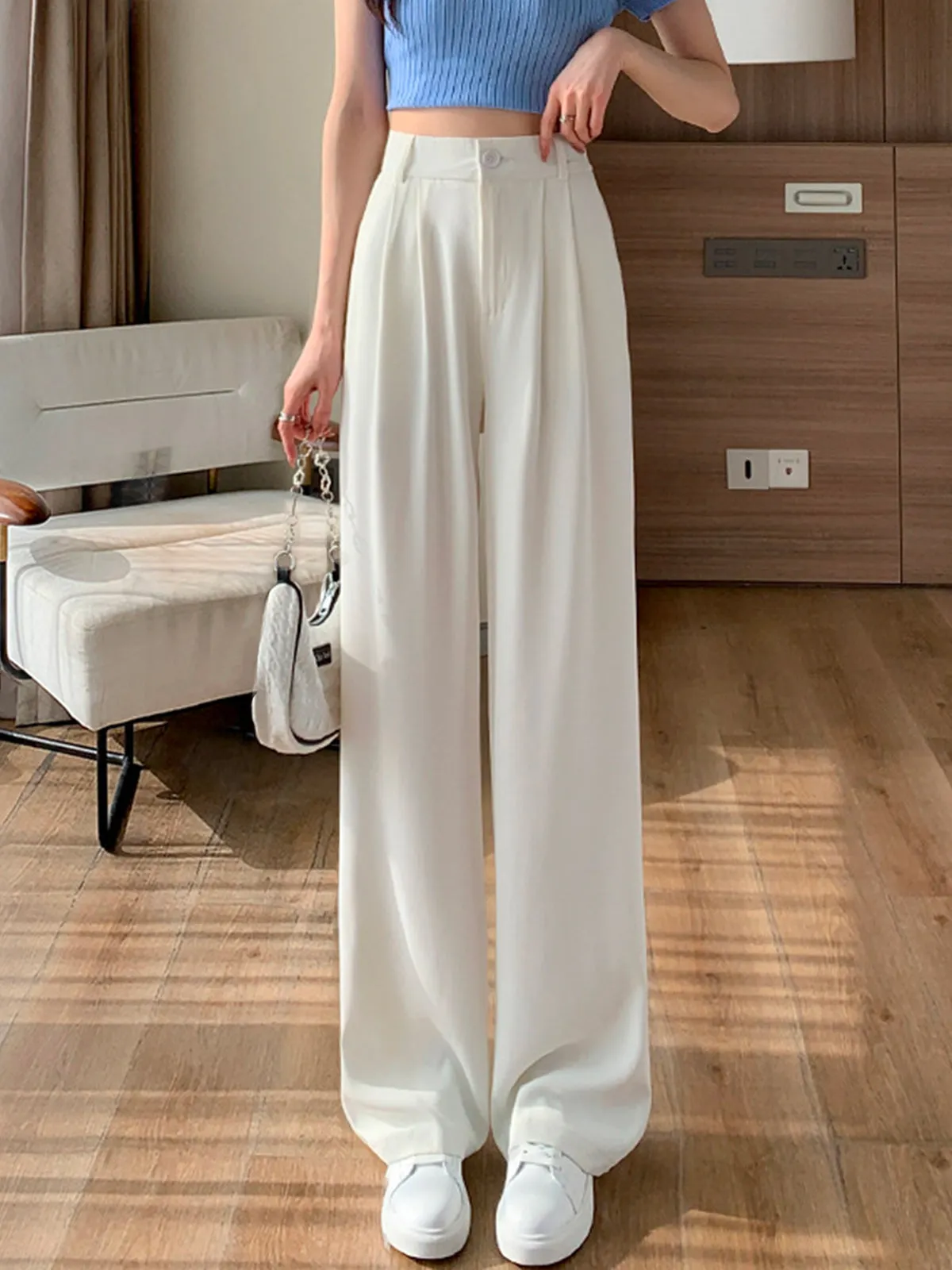 Solid Straight Wide-Leg Pants