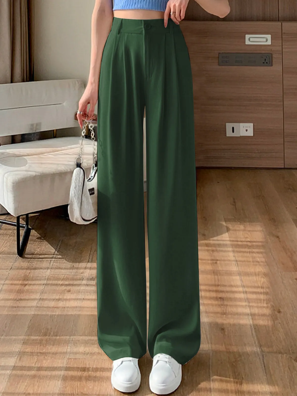 Solid Straight Wide-Leg Pants