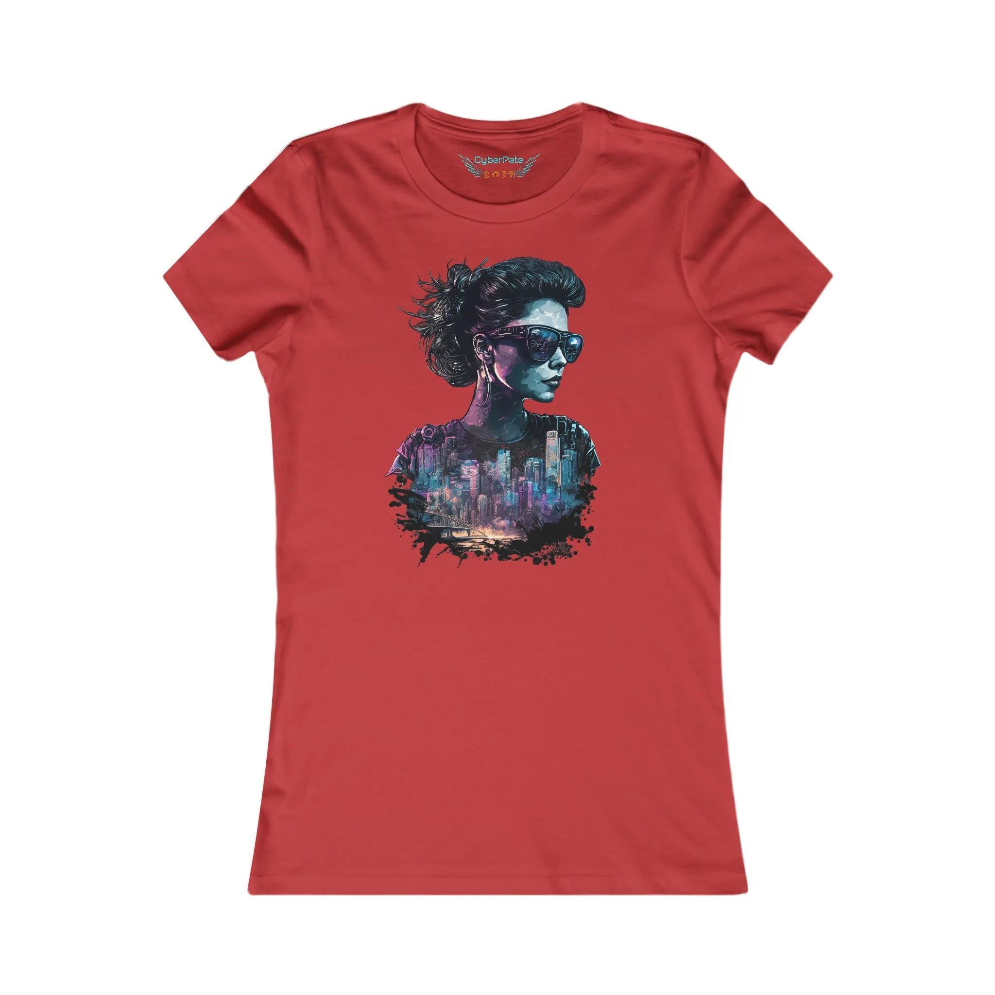 Sonnenbrille und Skyline T-Shirt | Cyberpunk T-Shirt für Frauen