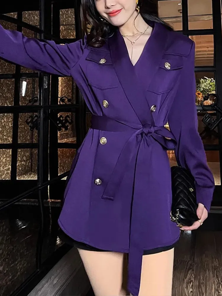 Spliced Lace Up Vintage Chic Blazers For Women Notched Collar Long Sleeve Double Breasted Slim Coats Female Clothes