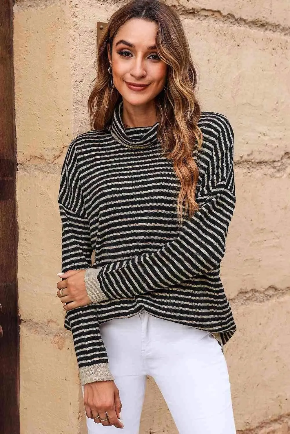 Striped Drop Shoulder Turtleneck Sweater