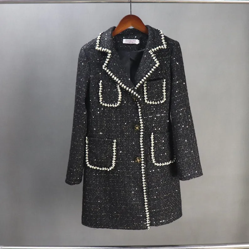 Tailor Made Tweed Pearls Black Checked Blazer Mid Length / Long Coat for Women