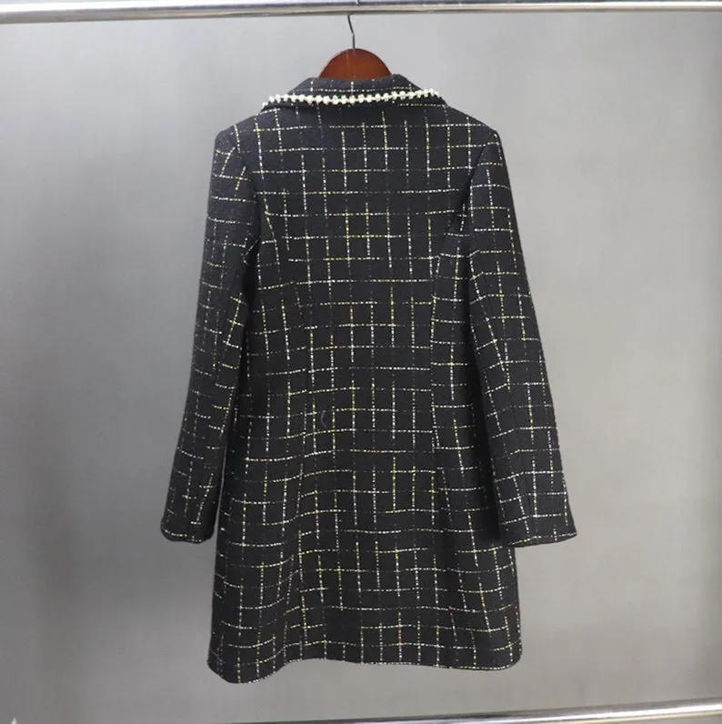 Tailor Made Tweed Pearls Black Checked Blazer Mid Length / Long Coat for Women