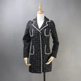 Tailor Made Tweed Pearls Black Checked Blazer Mid Length / Long Coat for Women