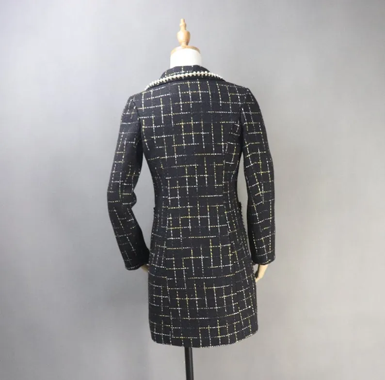 Tailor Made Tweed Pearls Black Checked Blazer Mid Length / Long Coat for Women