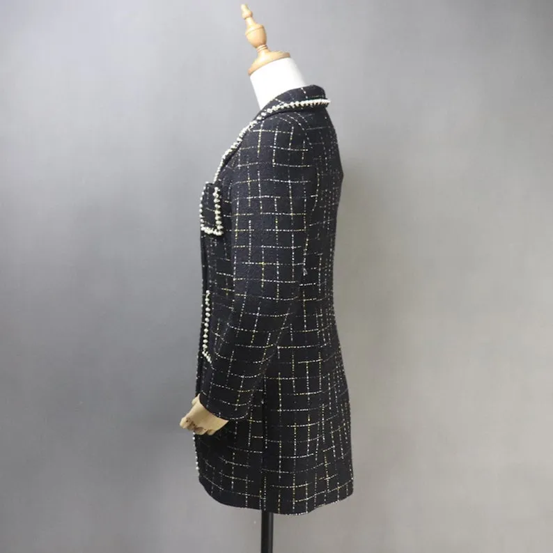 Tailor Made Tweed Pearls Black Checked Blazer Mid Length / Long Coat for Women