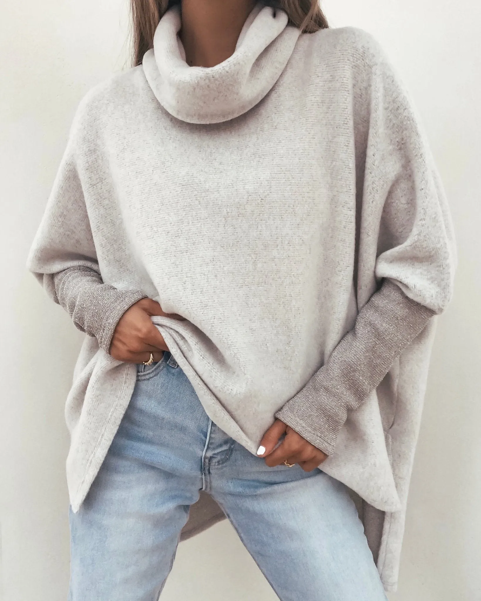 Taupe Color Block Turtleneck Sweater