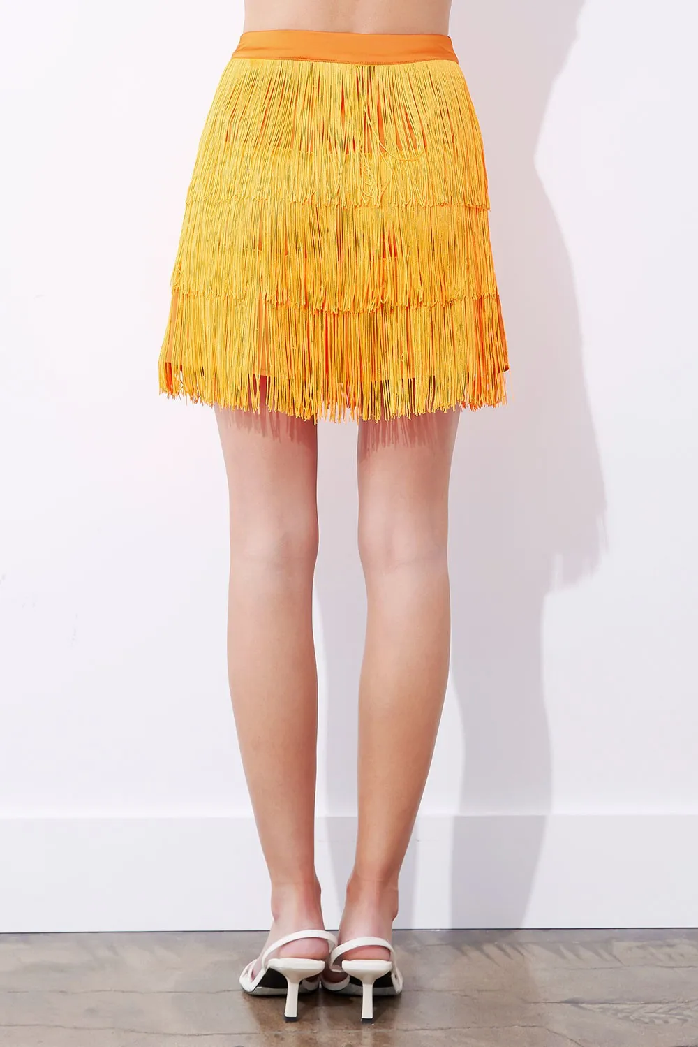 Tiered Fringe Satin Mini Skirt