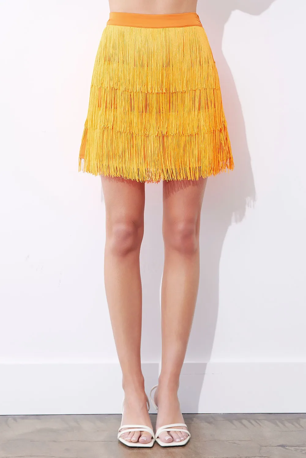 Tiered Fringe Satin Mini Skirt