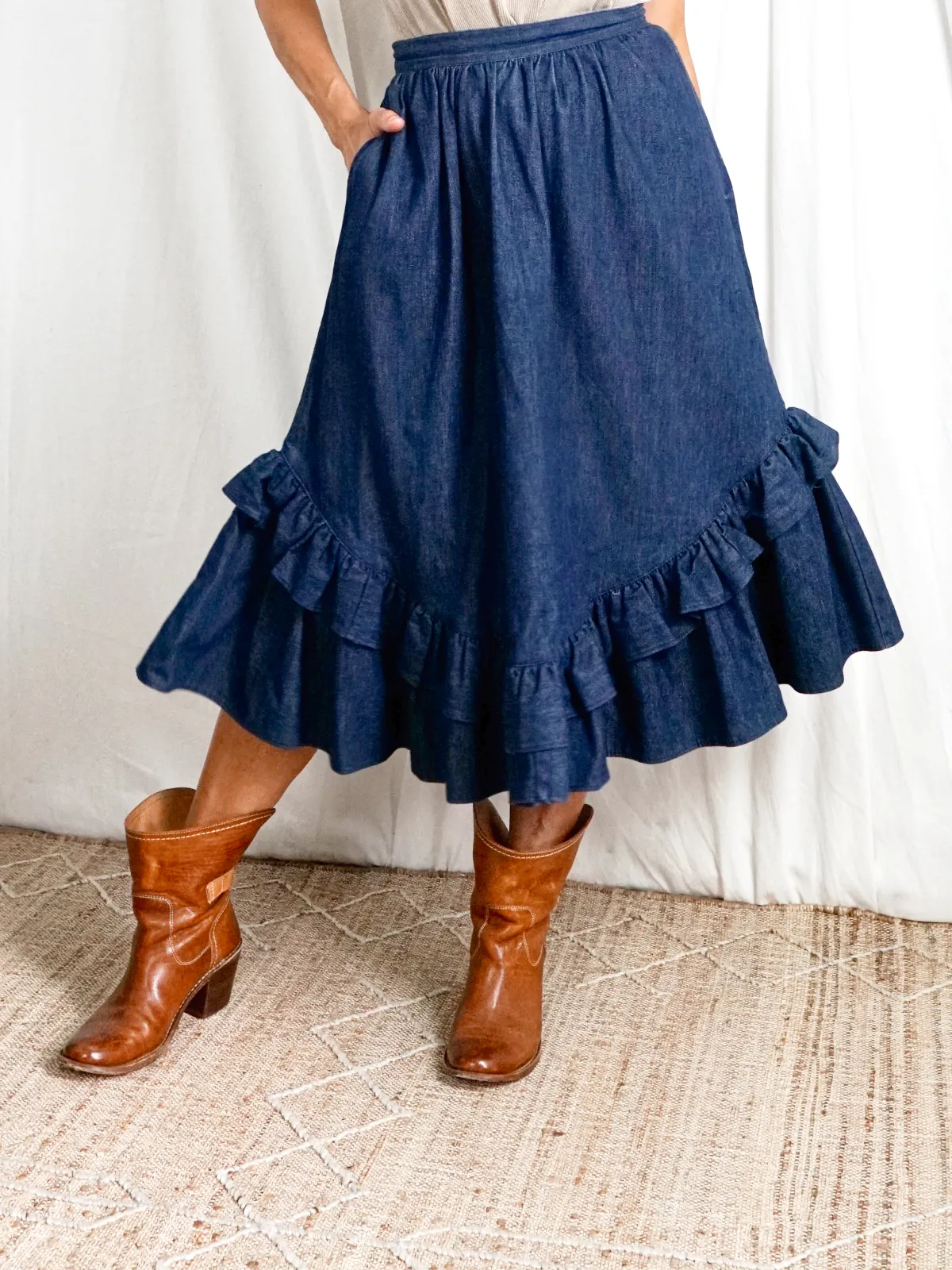 Vintage Denim Ruffle Peasant Skirt