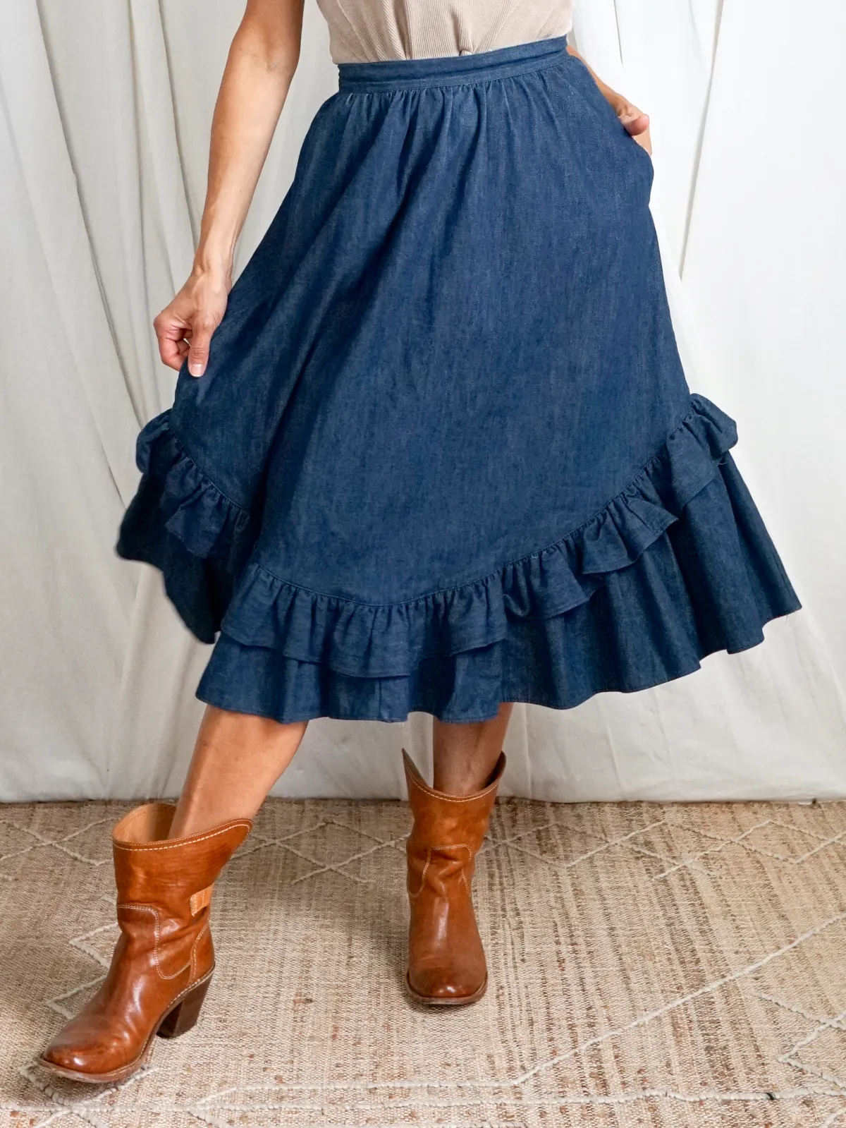 Vintage Denim Ruffle Peasant Skirt