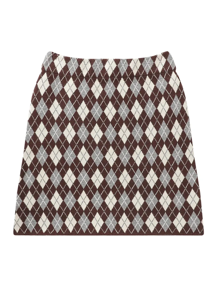 Vintage Rhombus Plaid Knitting Mini Skirt Fashion Women High Waist Bodycon One Step Sweater Skirt Jacquard B-007