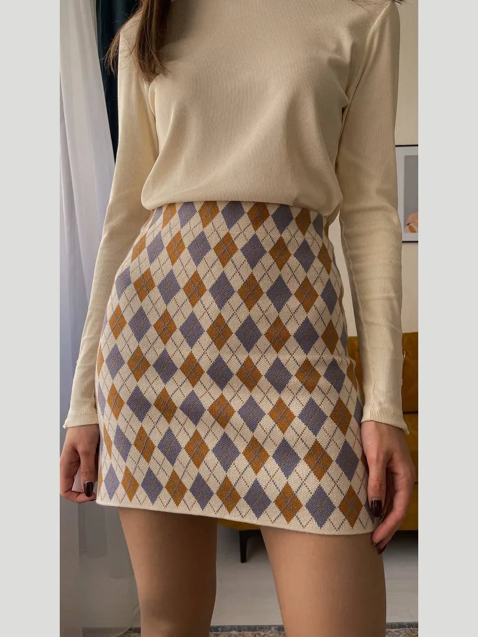 Vintage Rhombus Plaid Knitting Mini Skirt Fashion Women High Waist Bodycon One Step Sweater Skirt Jacquard B-007