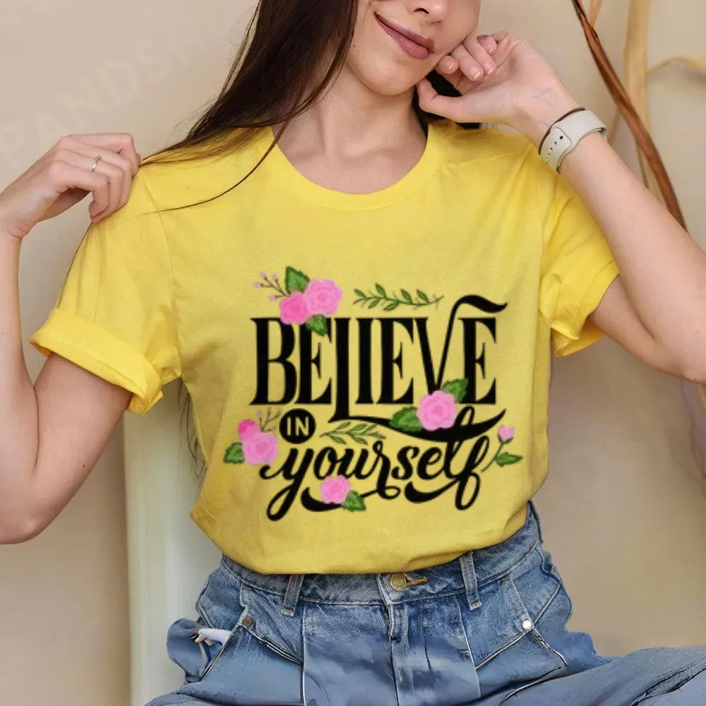 Women Believe Yourself Letter And Flower Graphic T-shirt