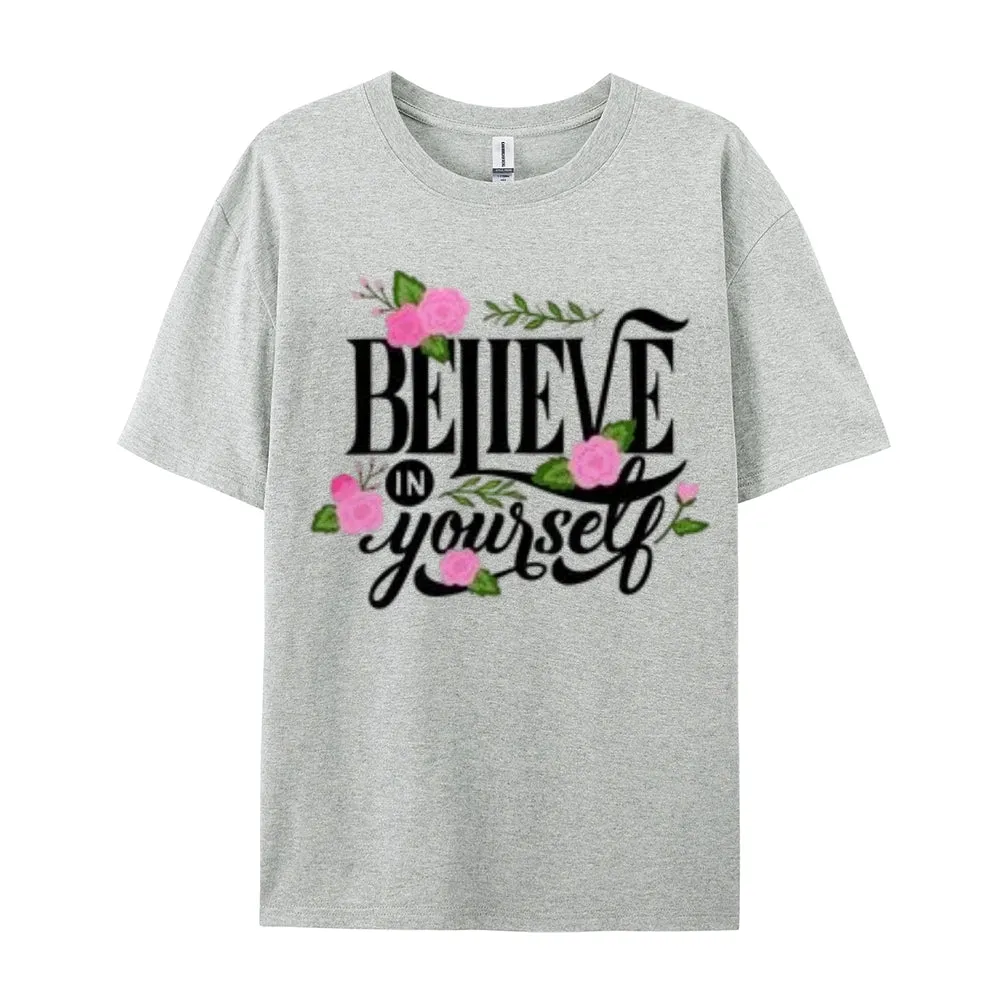 Women Believe Yourself Letter And Flower Graphic T-shirt