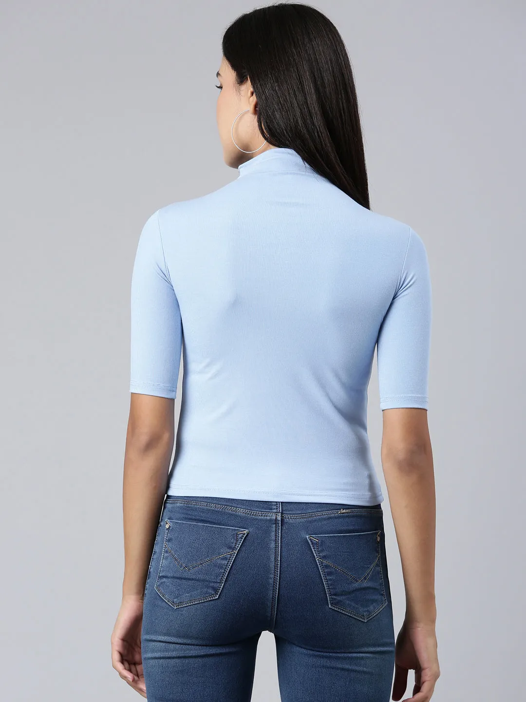 Women Blue Solid Slim Fit Tshirt