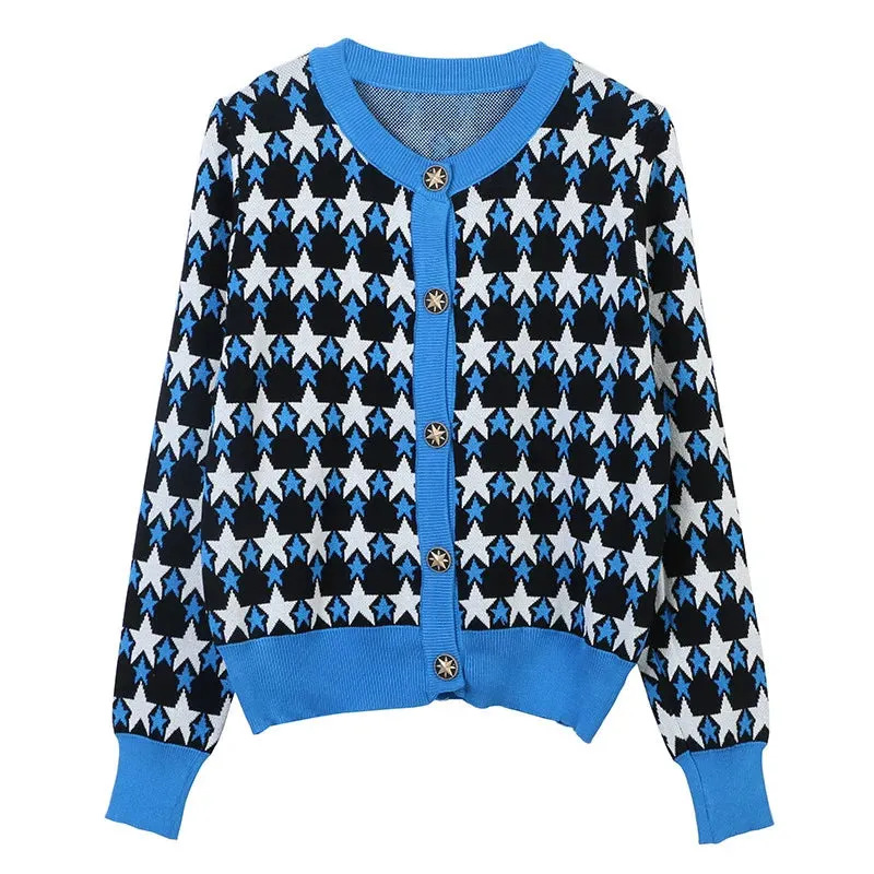 Women Colorful Star Jacquard Cardigan Autumn Elegant Ladies V-Neck Long Sleeve Single Breasted Knitted Sweater C-030