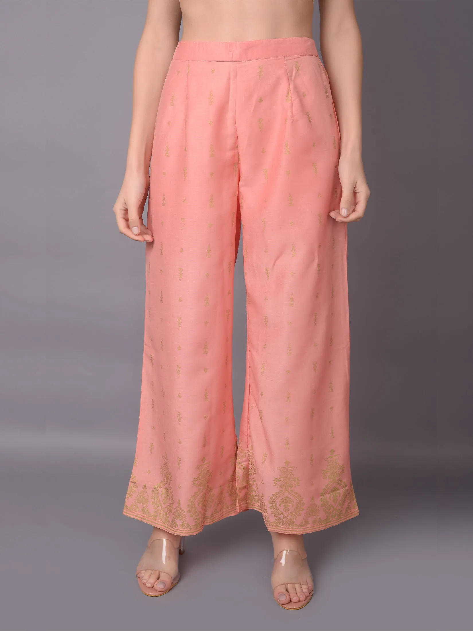 Women Pink Ornamental Printed Kurta With Wide Leg Pant