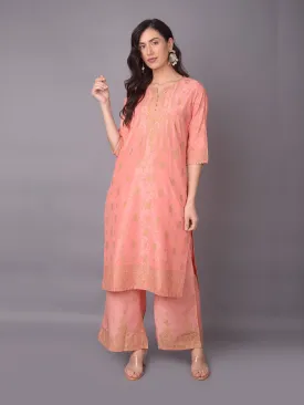 Women Pink Ornamental Printed Kurta With Wide Leg Pant