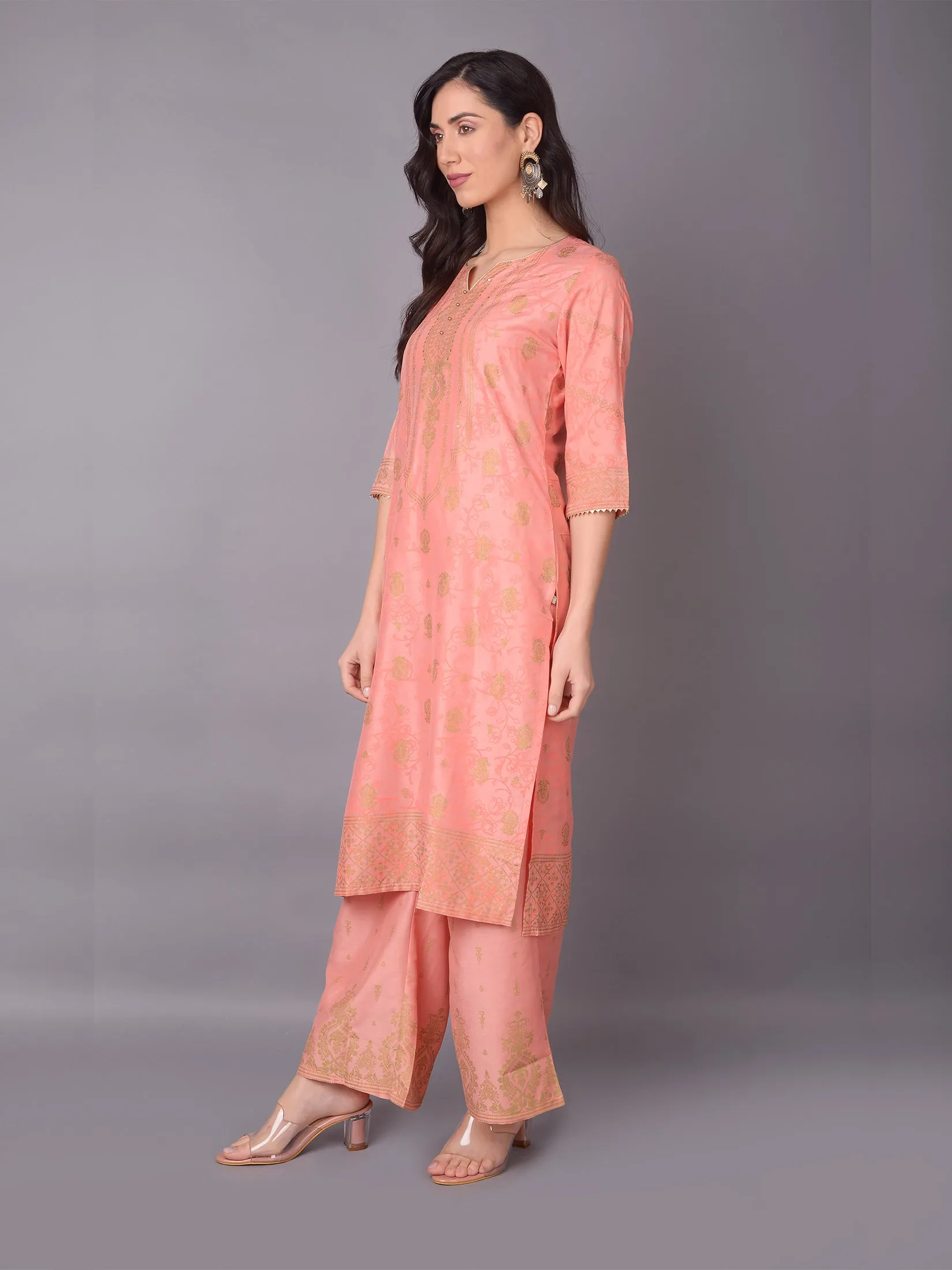 Women Pink Ornamental Printed Kurta With Wide Leg Pant