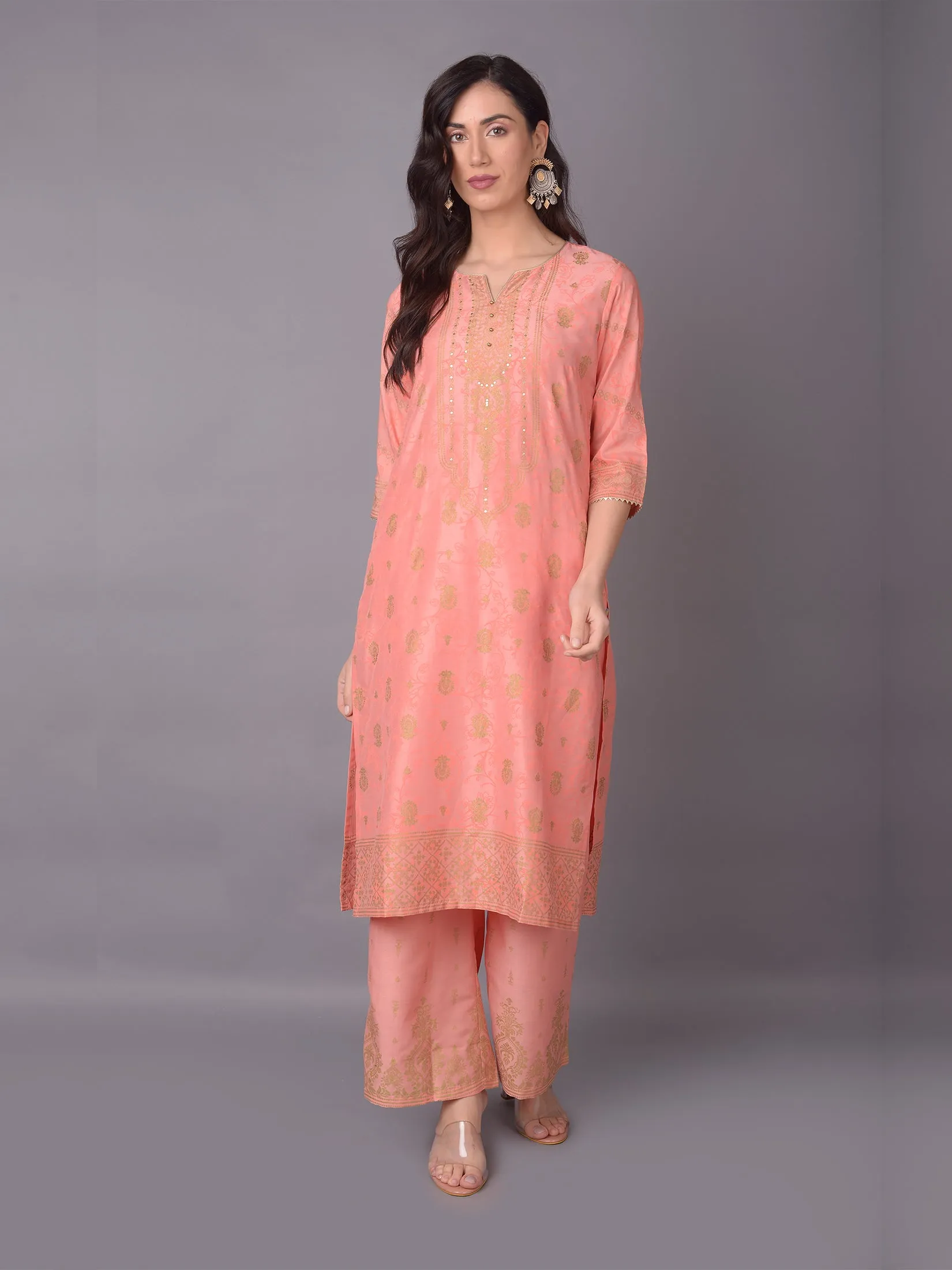 Women Pink Ornamental Printed Kurta With Wide Leg Pant