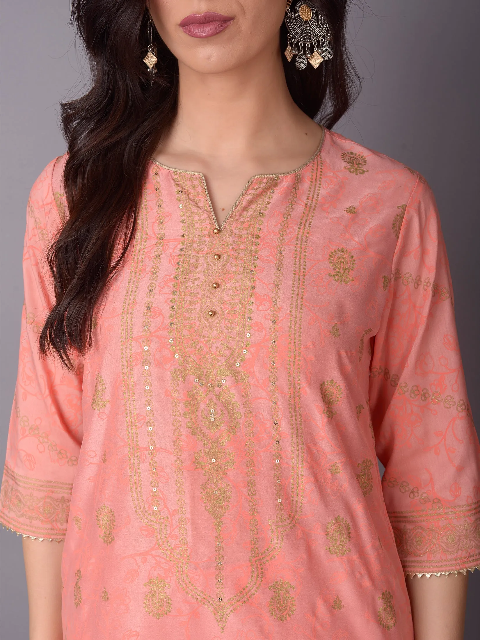 Women Pink Ornamental Printed Kurta With Wide Leg Pant