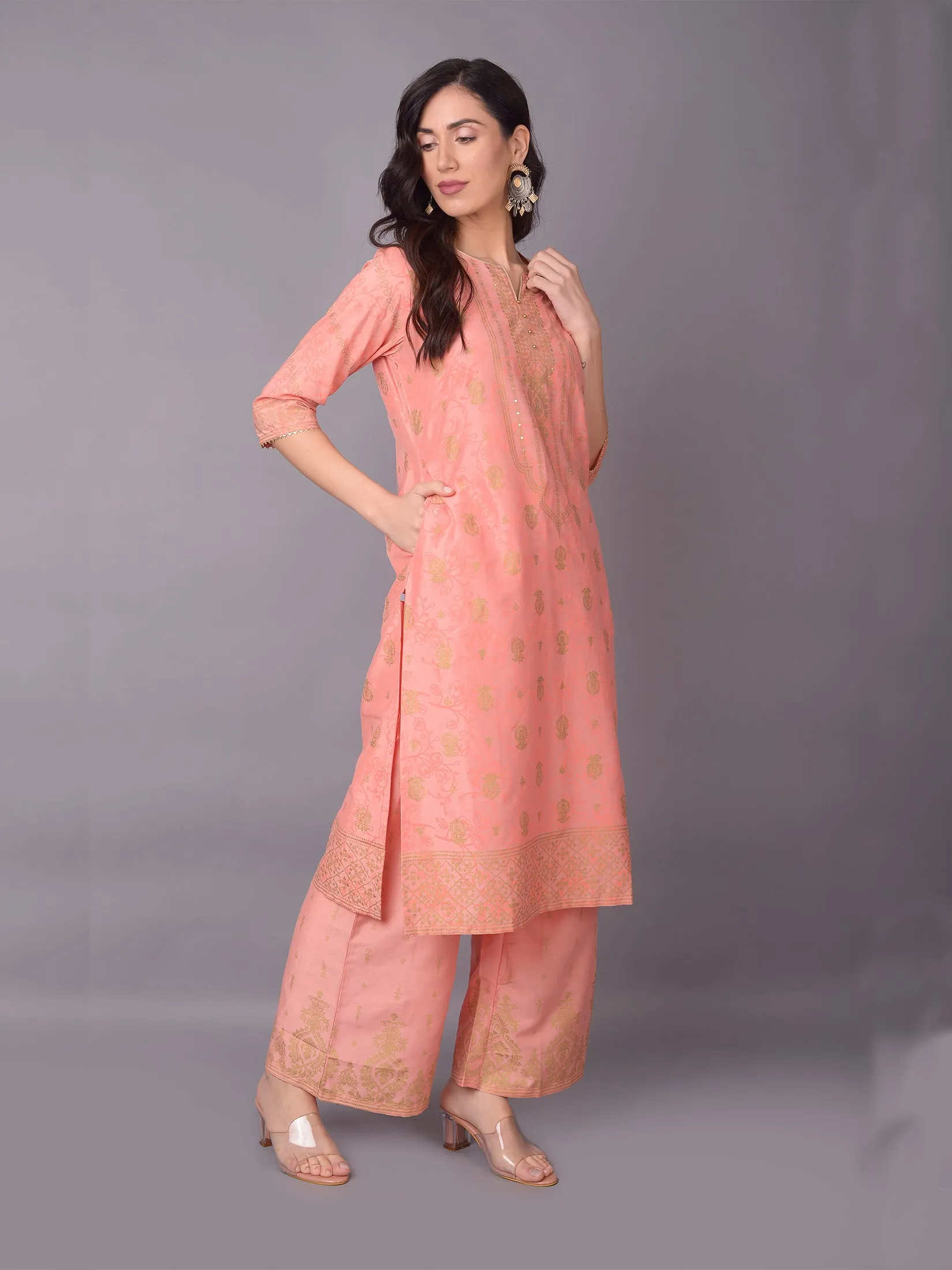 Women Pink Ornamental Printed Kurta With Wide Leg Pant